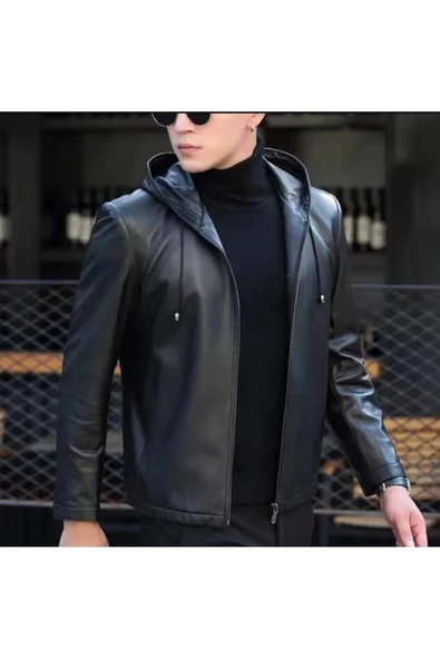 Kapüşonlu hakiki deri spor ceket