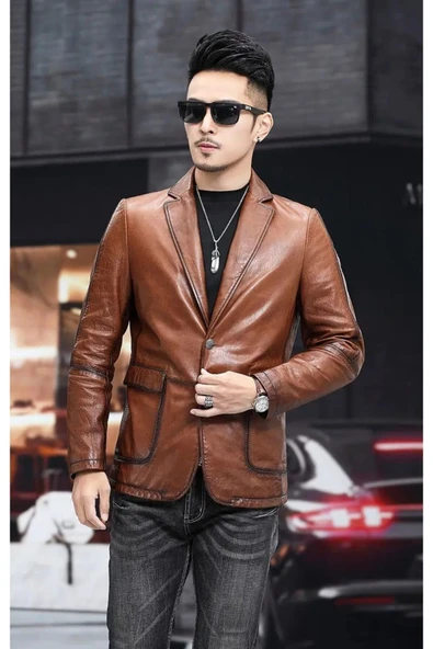 Hakiki deri slim fit erkek ceket - 4