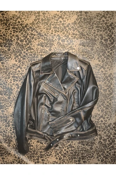 Hakiki deri Kadın ceket slim-fit biker model motorcu tarzı eskitme - 4