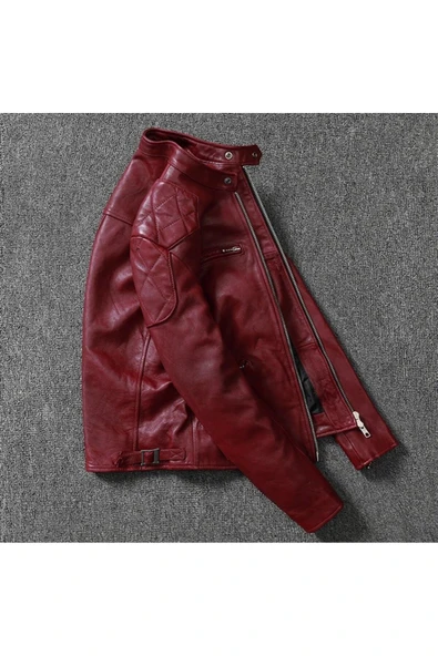 Vintage motosiklet şarap kırmızı renk hakiki deri mont - 2