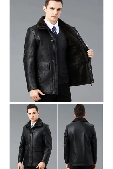 Hakiki deri İçi kürk yakası entegreli kürk mont kaban - Resim 4