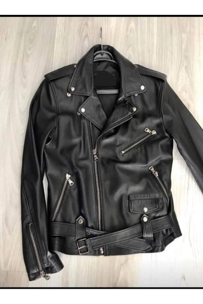 Motorcu tarzı Hakiki deri biker mont siyah renk - Resim 4