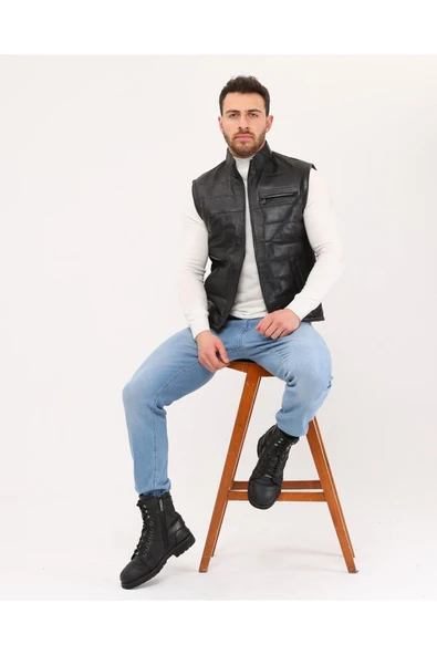 Hakiki Deri Şişme Yelek Hakim Yaka Siyah Renk - 7