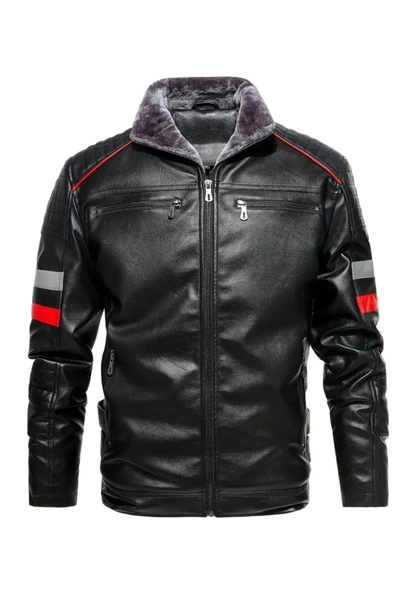 İçi Kürklü Kolları Yatay Kırmızı ve Gri Çizgili Mont - 4