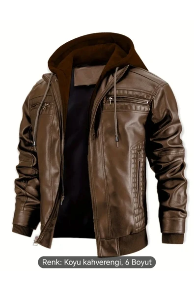 Kapüşonlu hakiki deri dikiş ve ribana detaylı mont - 2