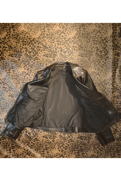 Hakiki deri Kadın ceket slim-fit biker model motorcu tarzı eskitme - 3