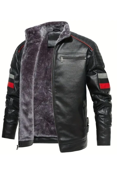 İçi Kürklü Kolları Yatay Kırmızı ve Gri Çizgili Mont