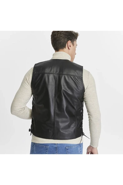 Hakiki Deri Yandan Ayarlanabilir Bağcıklı Yelek - 2