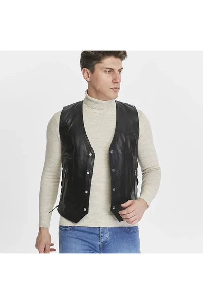 Hakiki Deri Yandan Ayarlanabilir Bağcıklı Yelek - 5