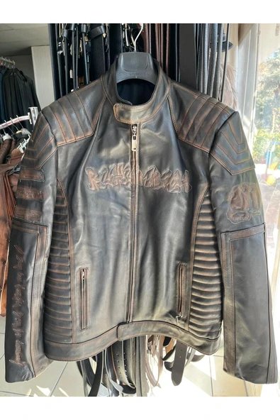 Vintage Tarz Hakiki Deri Motosiklet Montlar, Koyun Derisi, Eskitme Tasarım, Orta Kalınlık - 1