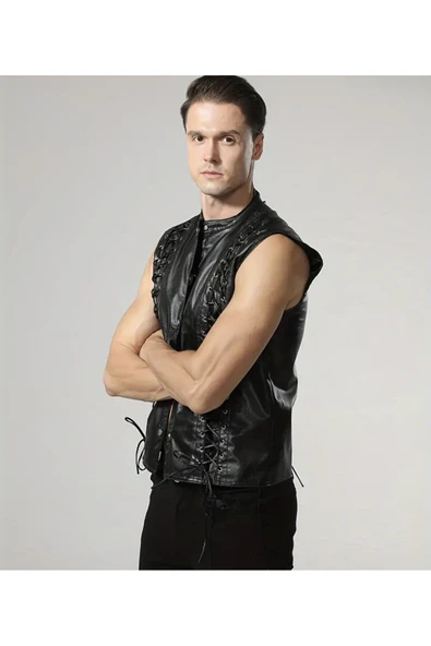 Punk Tarzı Hakiki Deri Yelek ,Deri İp Bağlamalı Silüet ,Dış Kısmı Cepsiz ,İç Kısmı Cepli - 6