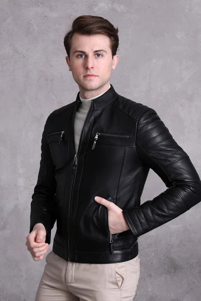 Motorcu Tarzı Mont Spor Kesim Siyah Renk - Resim 5