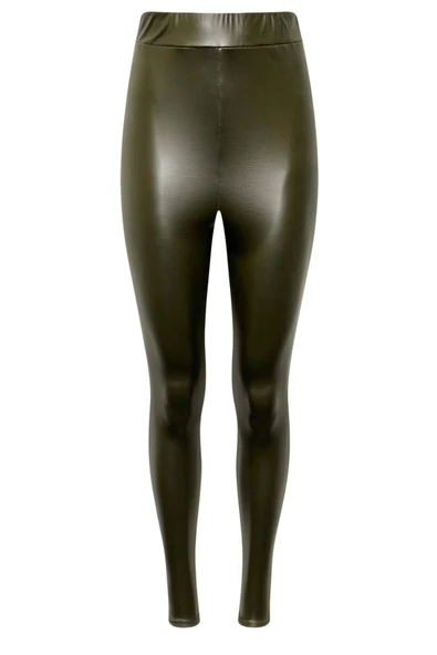 Haki Renk Suni Deri Tayt Yüksek Lastik Bel Dar Paça Esnek - 3