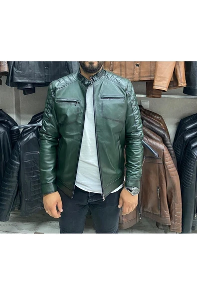 Yeşil Karartmalı Hakiki Deri Spor Mont Ceket Slim Fit - 5