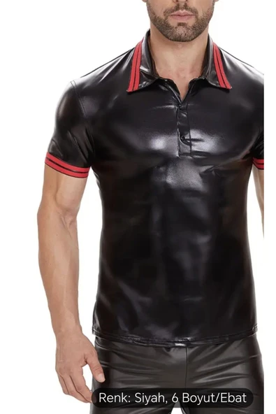 Deri Polo Yaka Tişört Kırmızı şeritli desenli - 4