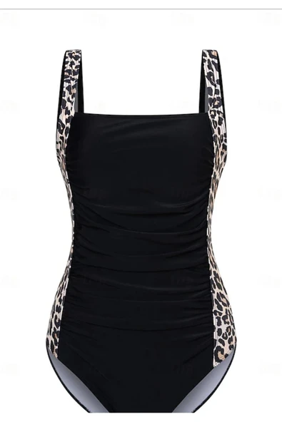 Kare yaka yanları leopar desenli siyah Kadın Mayo - 4