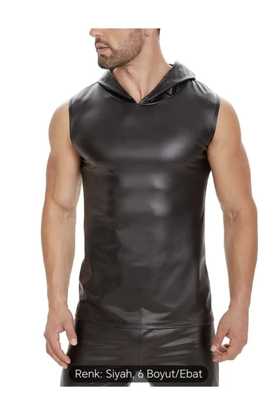 Deri Tişört Kapüşonlu Sıfır Kol Dar Kesim - 2