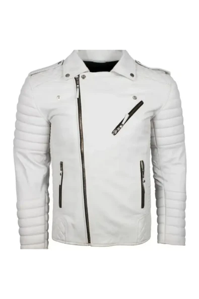 Motorcu tarzı kuzu derisi biker mont beyaz renk - 2