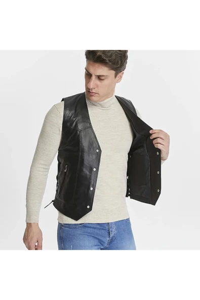 Hakiki Deri Yandan Ayarlanabilir Bağcıklı Yelek - 4