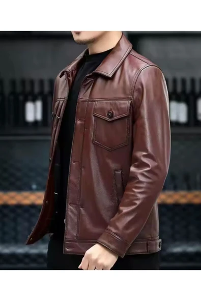 Mevsimlik Ceket Spor Hakiki Deri düğme,gömlek yaka ve dikiş detaylı - 3