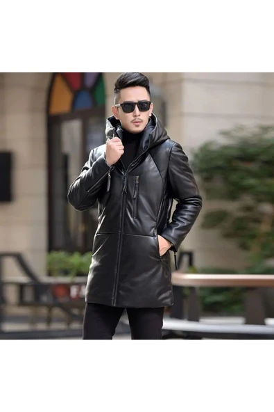 Hakiki deri Uzun mont Kapüşonlu Hakim yaka ürün görseli