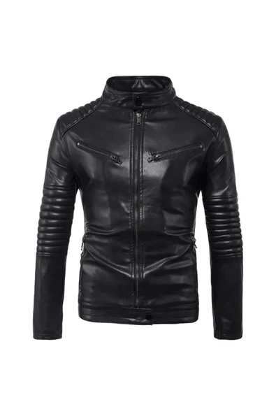 Kuzu derisi Dirsekleri şişme tarzı mont siyah renk - Resim 3