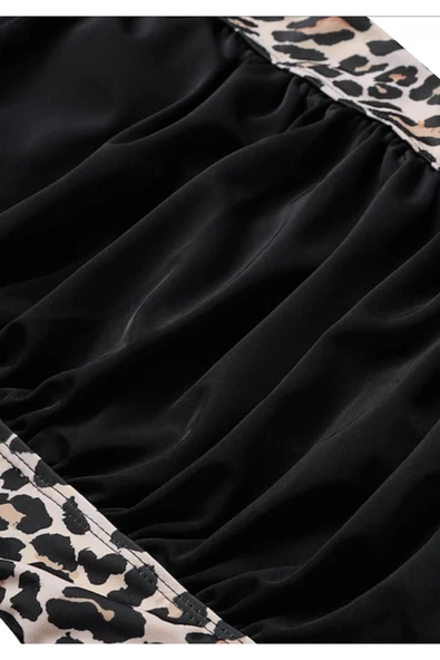Kare yaka yanları leopar desenli siyah Kadın Mayo - 7