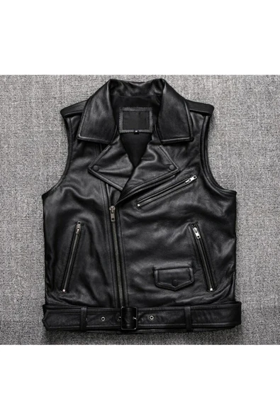 Kuzu derisi motorcu tarzı biker yelek siyah renk ürün görseli