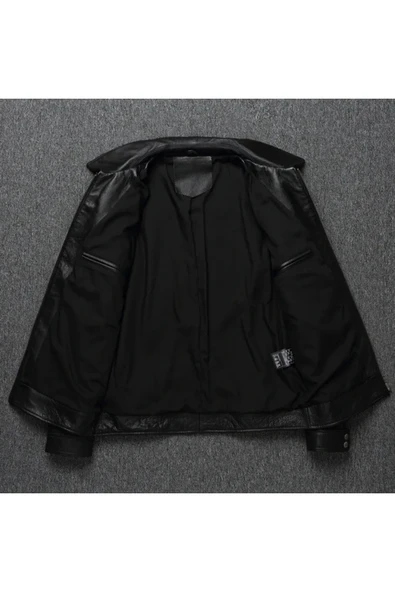 Hakiki kuzu derisi mont kolları yatay gri çizgili siyah mont - Resim 3