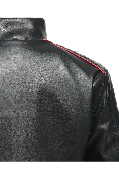 İçi Kürklü Kolları Yatay Kırmızı ve Gri Çizgili Mont - 5