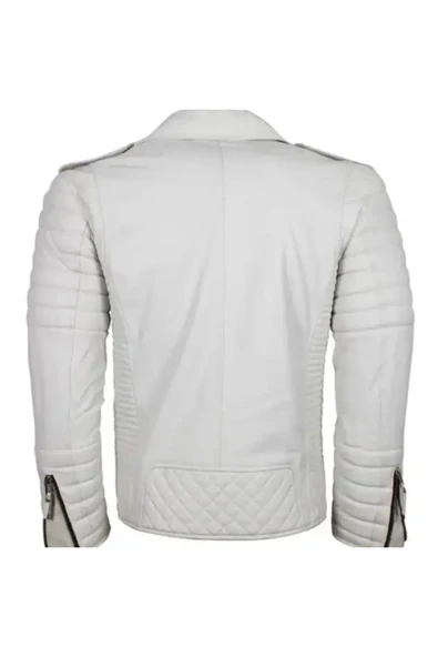 Motorcu tarzı kuzu derisi biker mont beyaz renk - 5