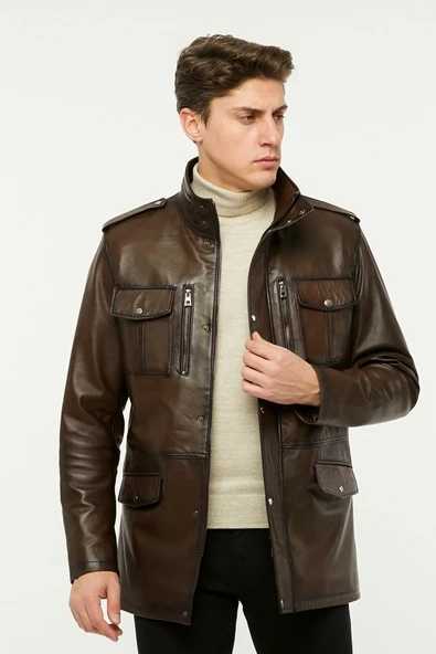 Hakiki deri uzun mont hakim dik yaka kahve renk - Resim 7