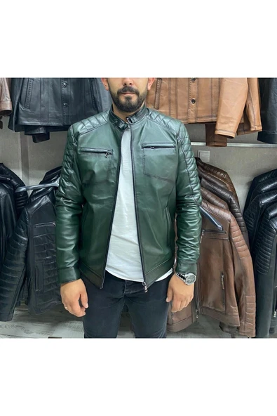 Yeşil Karartmalı Hakiki Deri Spor Mont Ceket Slim Fit