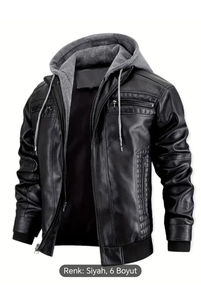 Kapüşonlu hakiki deri dikiş ve ribana detaylı mont - 2