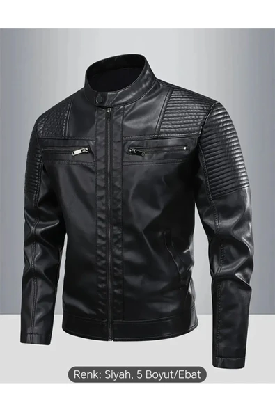 Omuzları ve Kolları Dikiş Detaylı Hakiki Kuzu Derisi Motorcu Mont