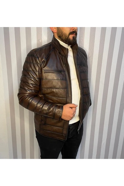 Şişme Hakiki Deri Mont Karartmalı Kahve - 3