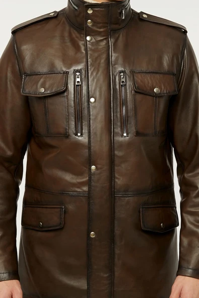 Hakiki deri uzun mont hakim dik yaka kahve renk - Resim 6