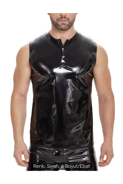 Deri Çıt Çıt Yakalı Sıfır Kol Tişört - 6