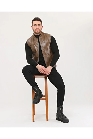 Hakiki Deri Bisiklet Yaka Içi Kürklü Yelek Kahve Renk - Resim 6