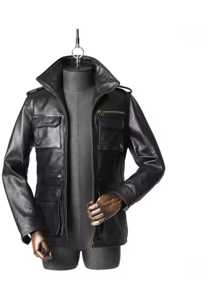 Yakası fermuarlı dik hakim yaka hakiki deri mont - 7