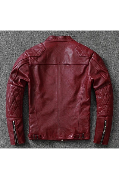 Vintage motosiklet şarap kırmızı renk hakiki deri mont - 3