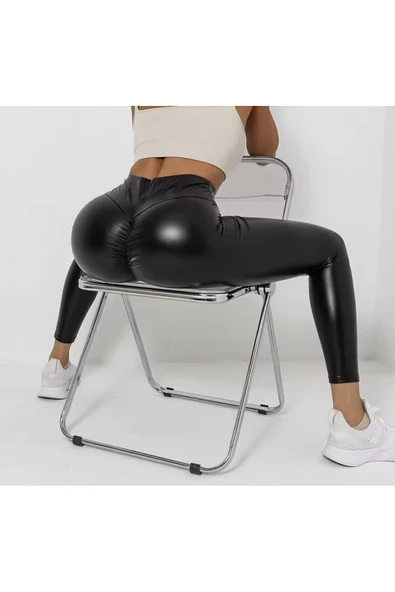 Yüksek Bel Deri Görünümlü Büzgülü Spor Tayt, Siyah, Popo Kaldırıcı, Fitness ve Yoga için - 2