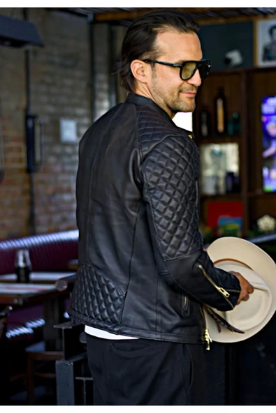 Golden fermuarlı kapitone dikiş detaylı biker mont - 3