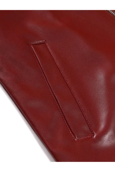 Motorcu tarzı traşlı dana derisi biker mont bordo renk - 4