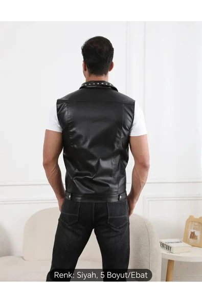 Motorcu Cooper Yelek Perçin Çivi Uç Detaylı Hakiki Deri Yelek - Resim 4