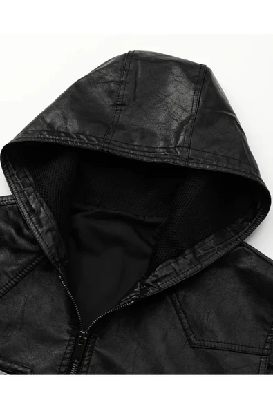 Kapüşonlu Triko yaka ve Triko Bel Hakiki kuzu derisi yelek - 6