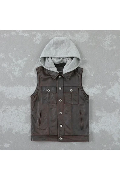Kapüşonlu hakiki deri yelek ürün görseli
