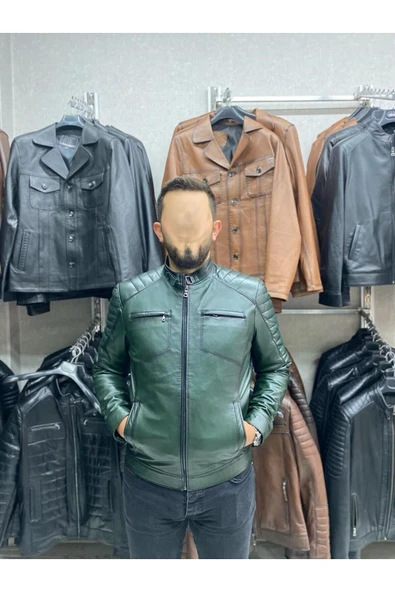 Yeşil Karartmalı Hakiki Deri Spor Mont Ceket Slim Fit - 2