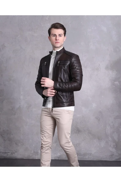 Motorcu Tarzı Mont Spor Kesim Kahve Renk - Resim 6