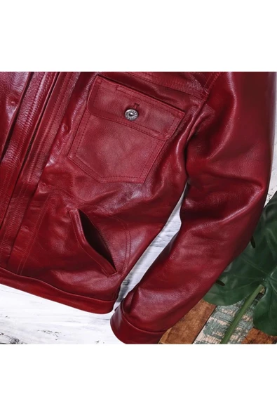 Vintage ceket tarzı şarap kırmızı renk hakiki deri mont - Resim 7